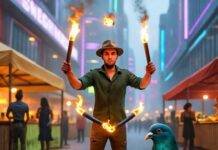 Top 10 Places to Travel in 2025 That Everyone Is Talking About sci-fi-market-chaos-2025.jpg: Blurry sci-fi market, torch juggler, sassy pigeon.