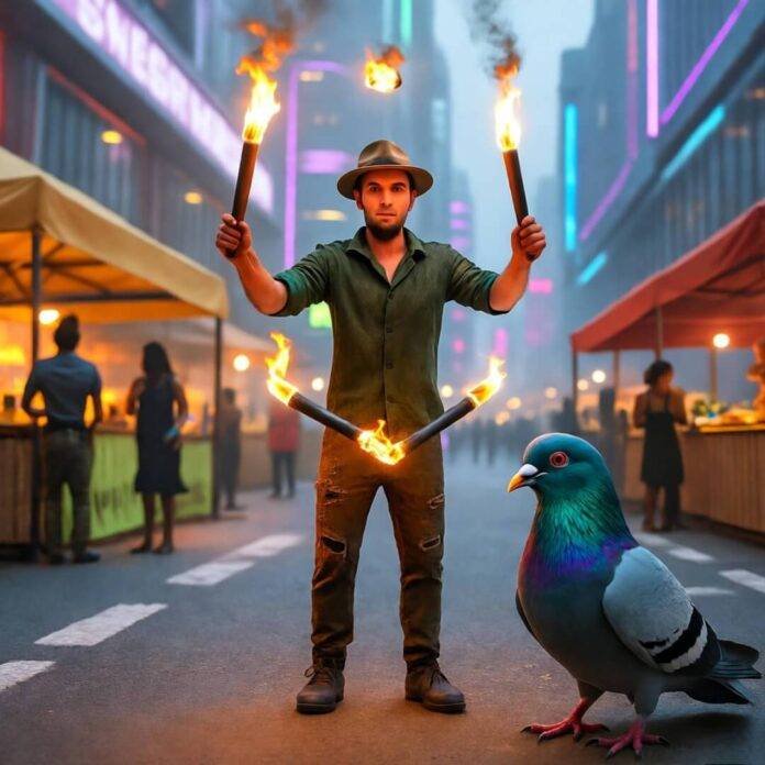 sci-fi-market-chaos-2025.jpg: Blurry sci-fi market, torch juggler, sassy pigeon.