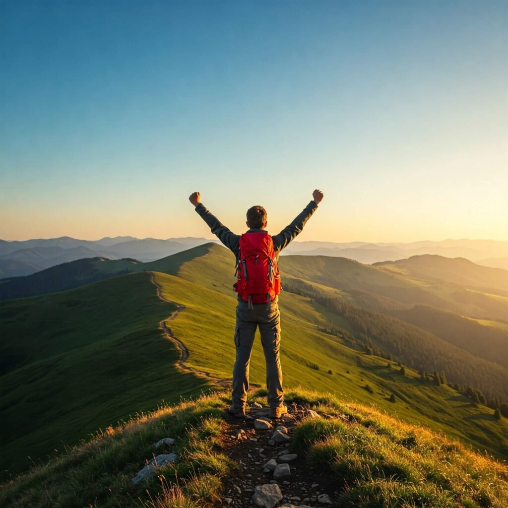 Hiker on mountain ridge triumph