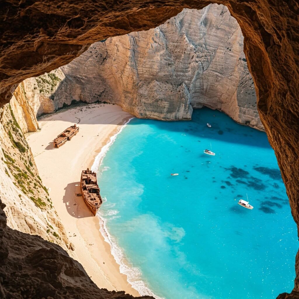 Shipwreck Beach framed by cliffs and turquoise water.