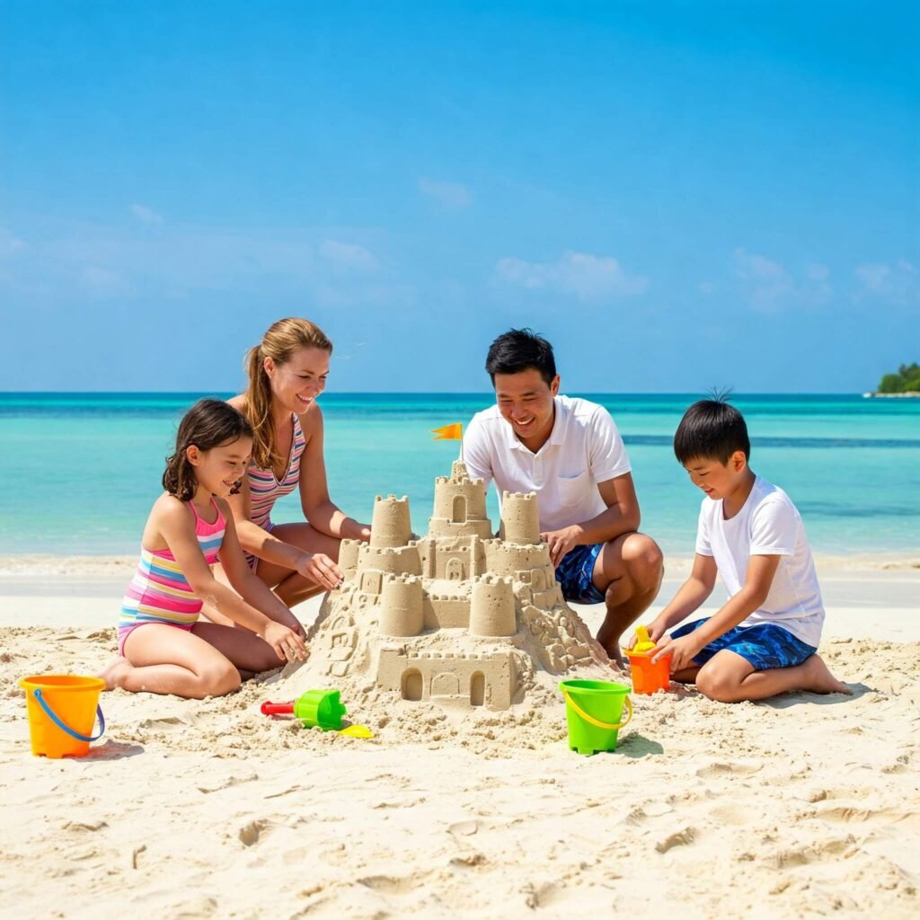 Family building sandcastle on beach.