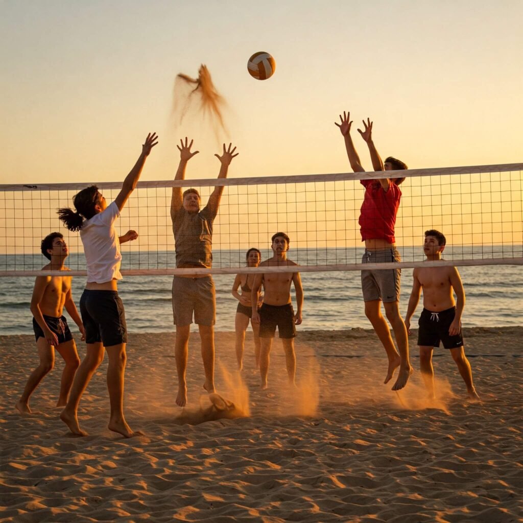 Teens play beach volleyball at sunset.