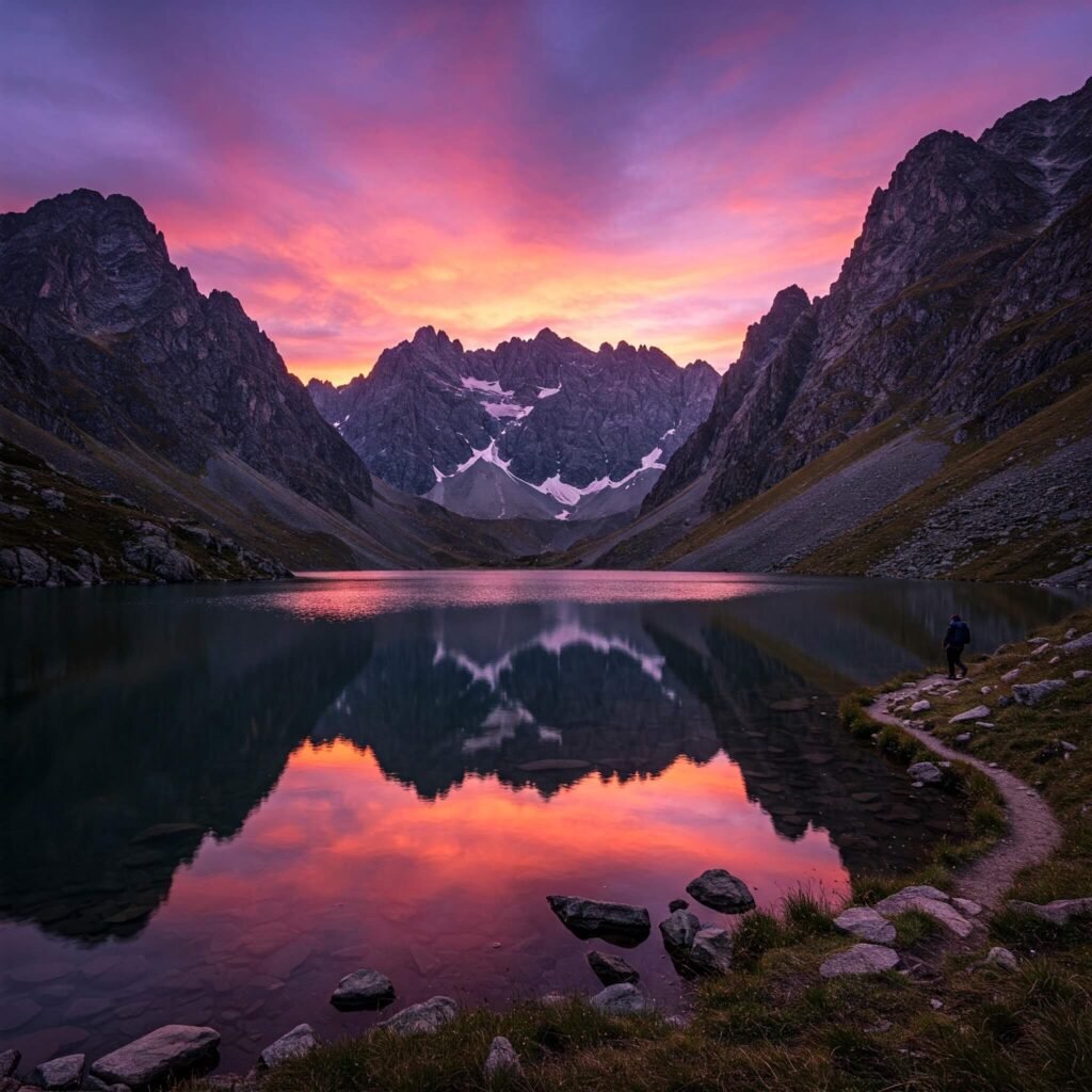 Sunset lake mountain reflection hiker