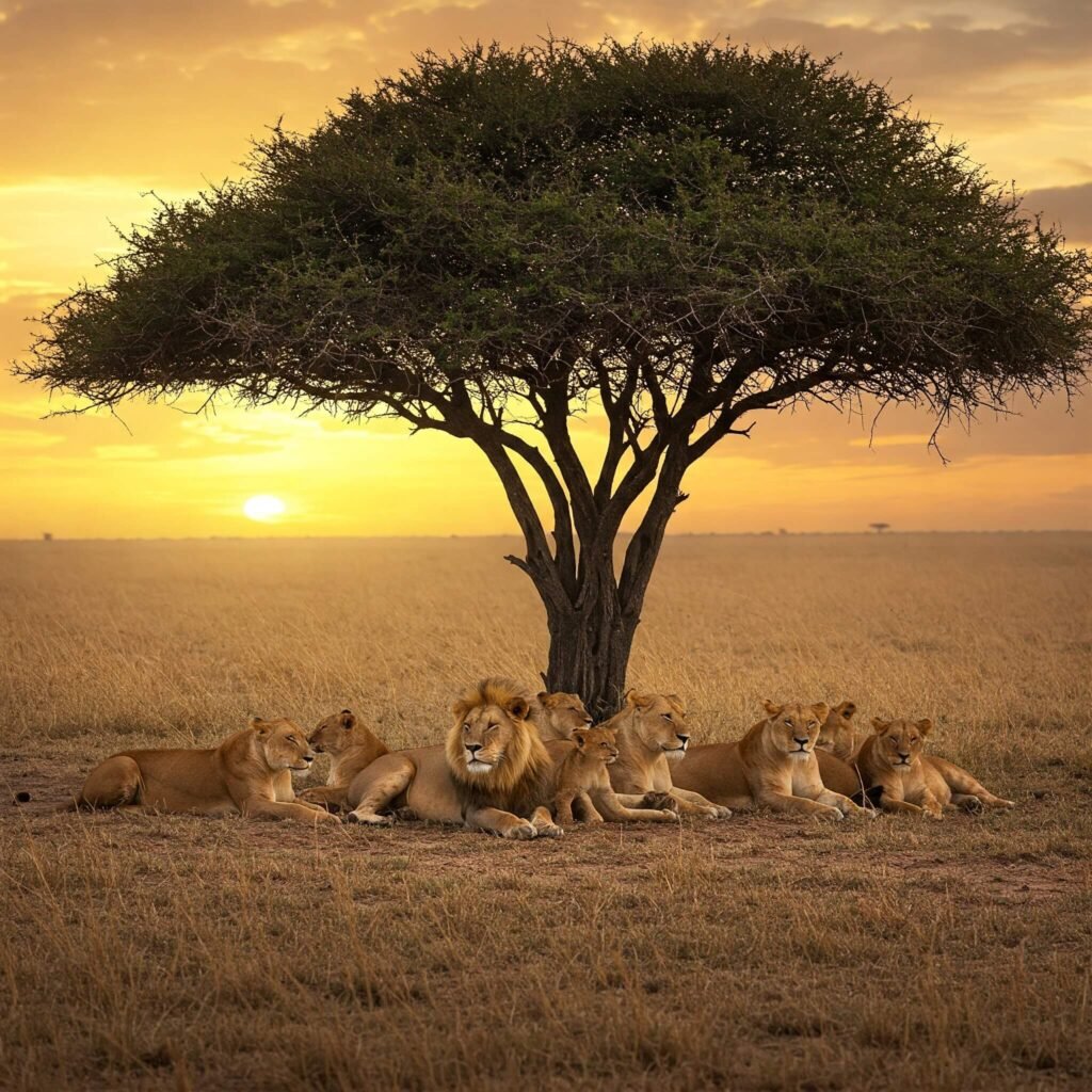 Lion pride at sunset