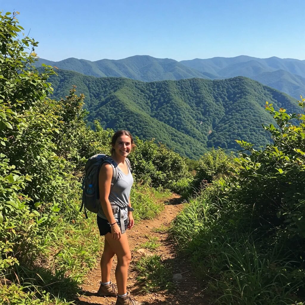 Smiling hiker on lush mountain trail.