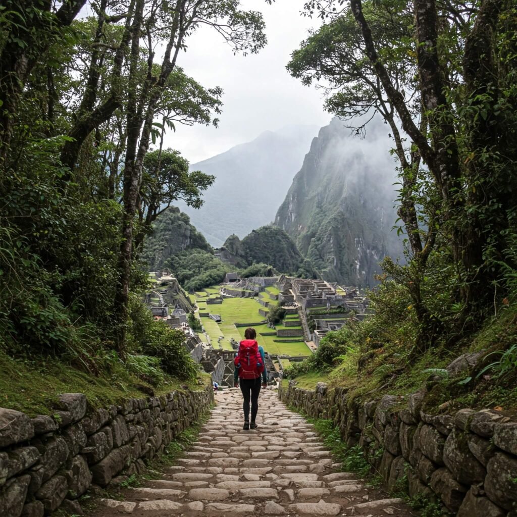 Hiker on ancient steps to Machu Picchu