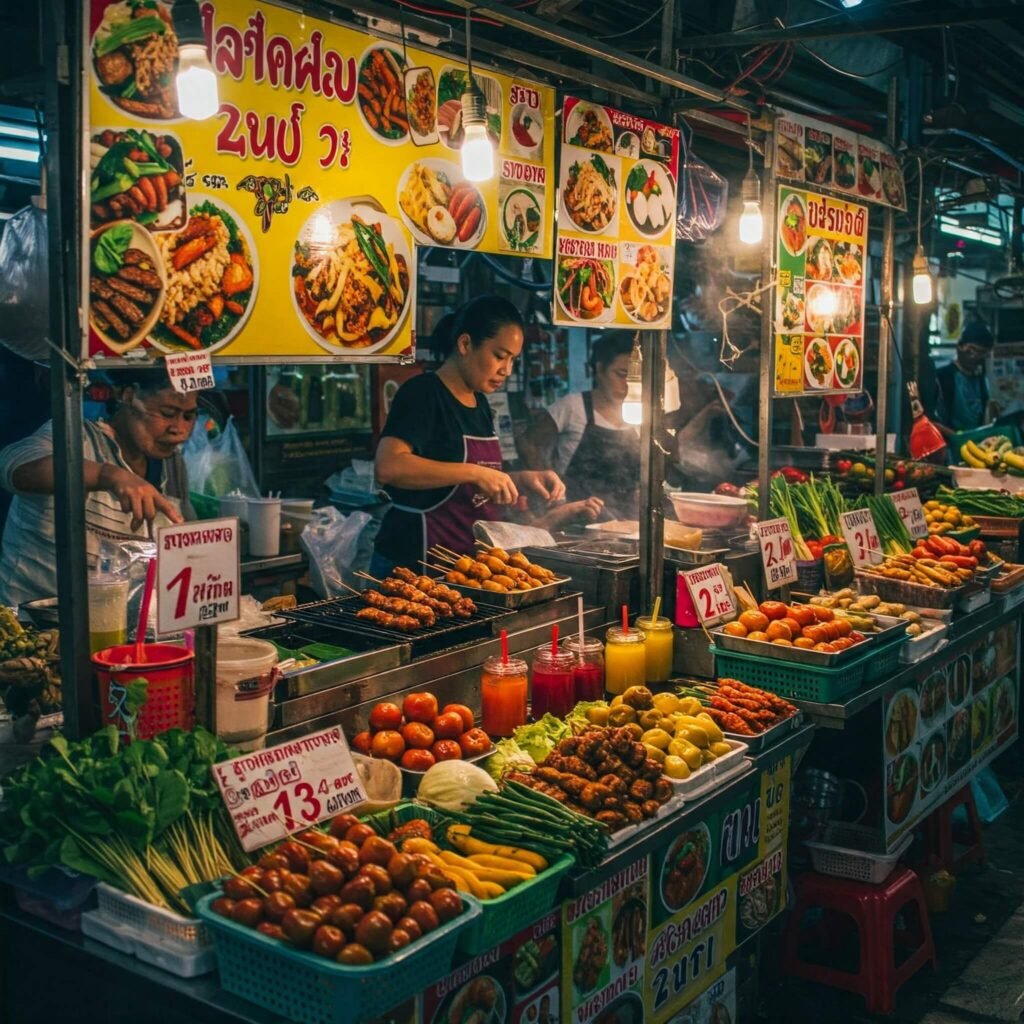 Bustling Thai street food market with colorful stalls.