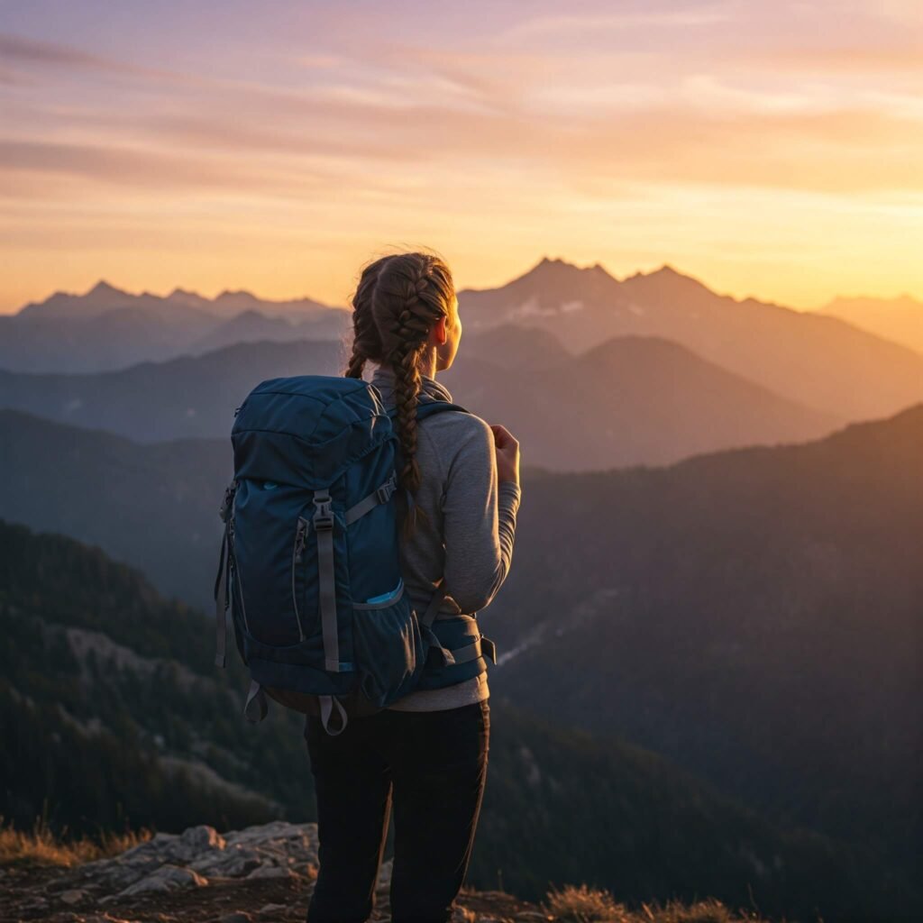 Solo hiker sunset mountain view