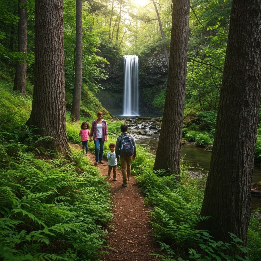 Family hiking to waterfall