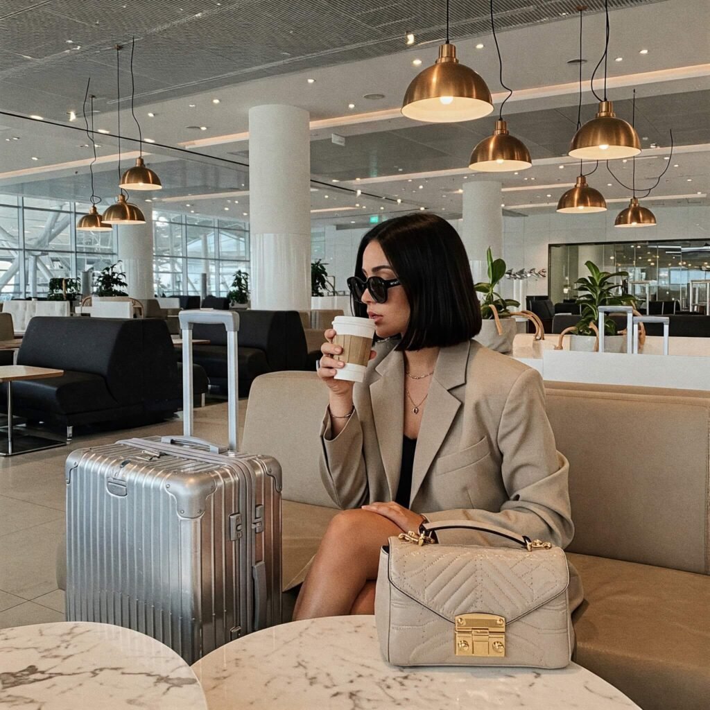 Stylish traveler in airport lounge.