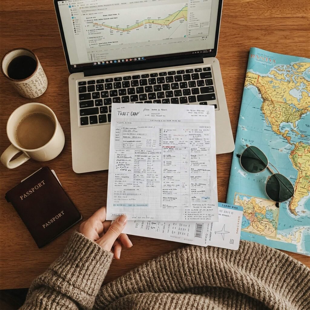 Travel planning desk with laptop, passport, map.