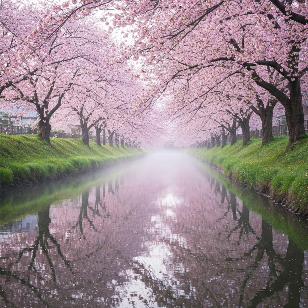 Kyoto canal with cherry blossoms and mist. (Concise and location-focused)