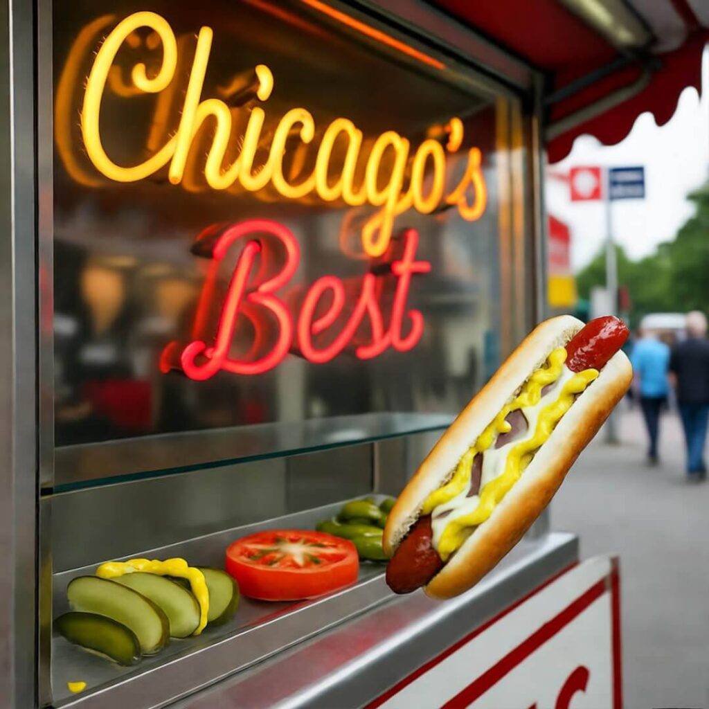 chicago-hot-dog-fail-2025.jpg: Blurry hot dog stand, mustard sleeve, neon sign.