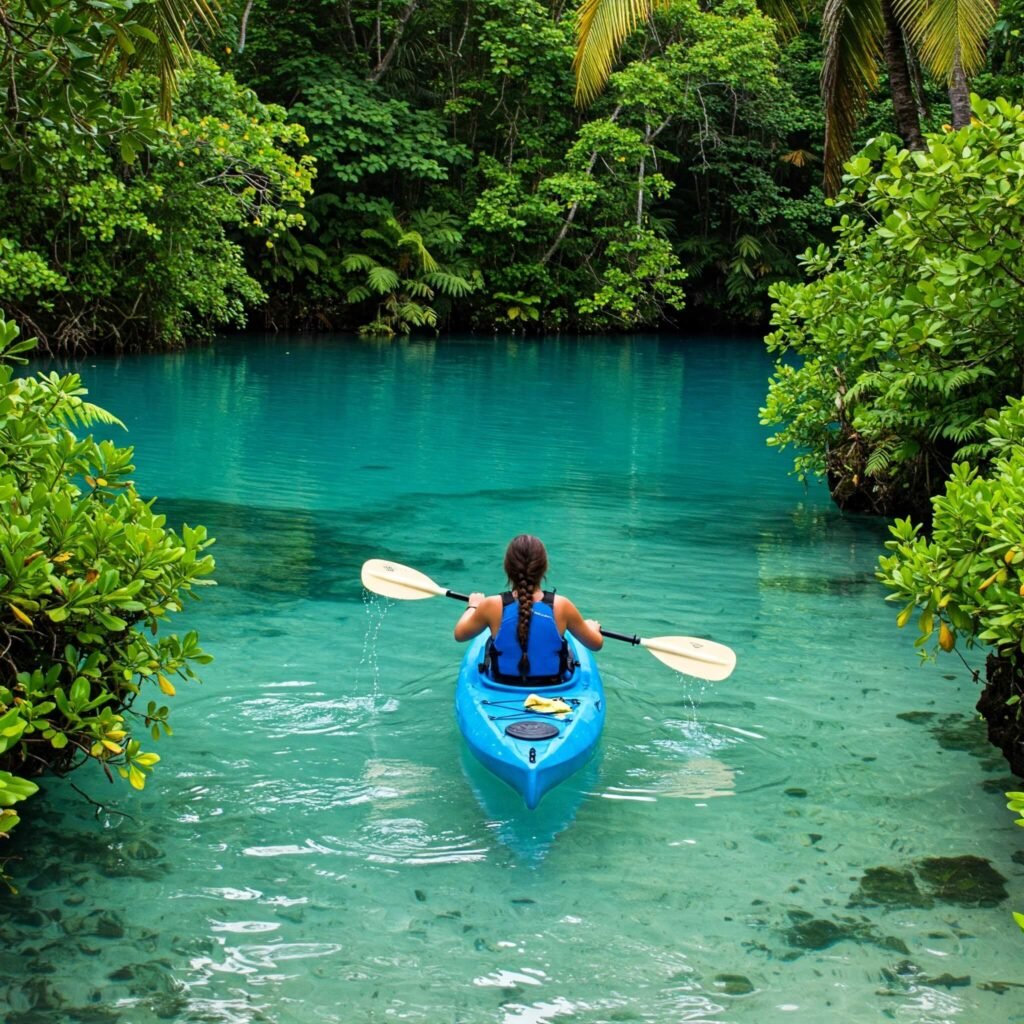 Kayaker on turquoise water surrounded by greenery.