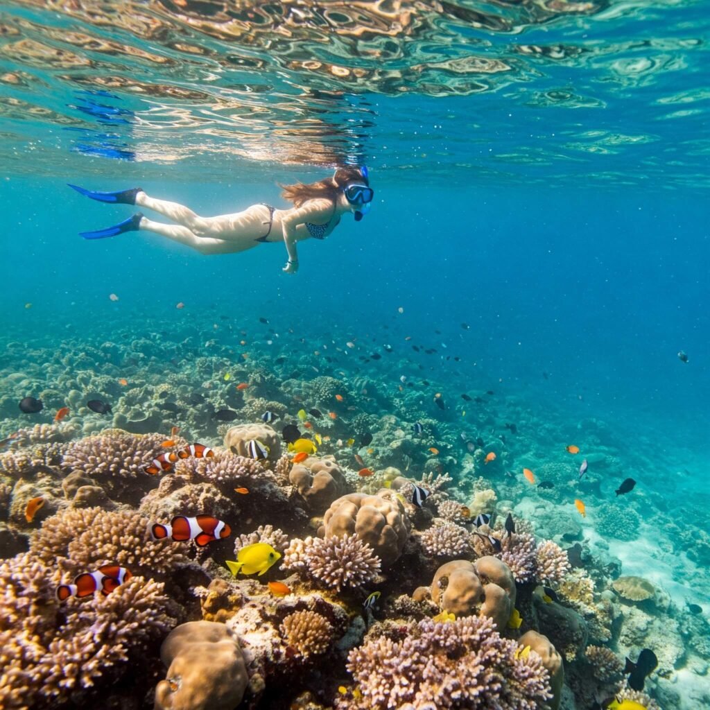 Snorkeler and vibrant coral reef