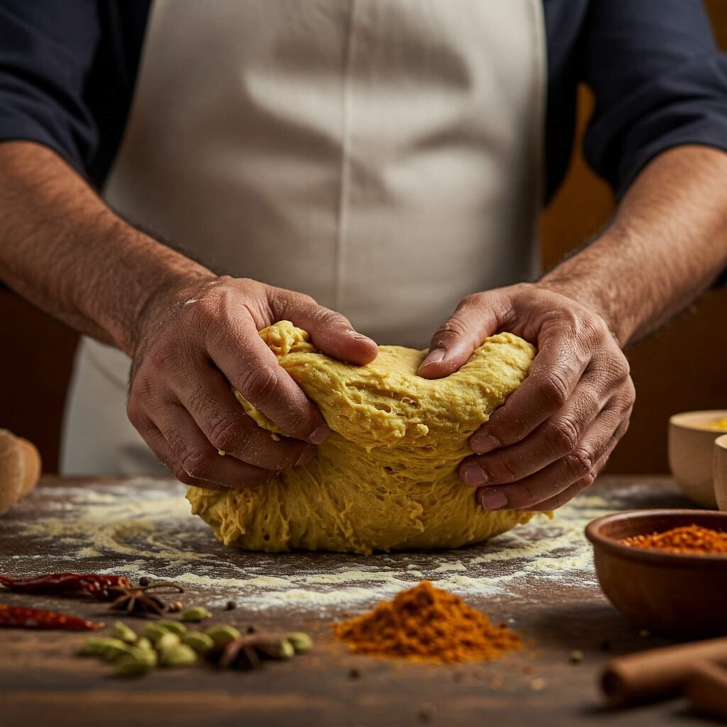 Hands kneading dough with chef in background.