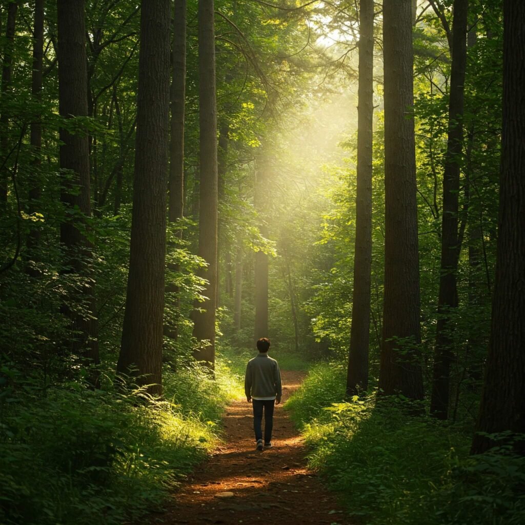 Person walking sunlit forest path.