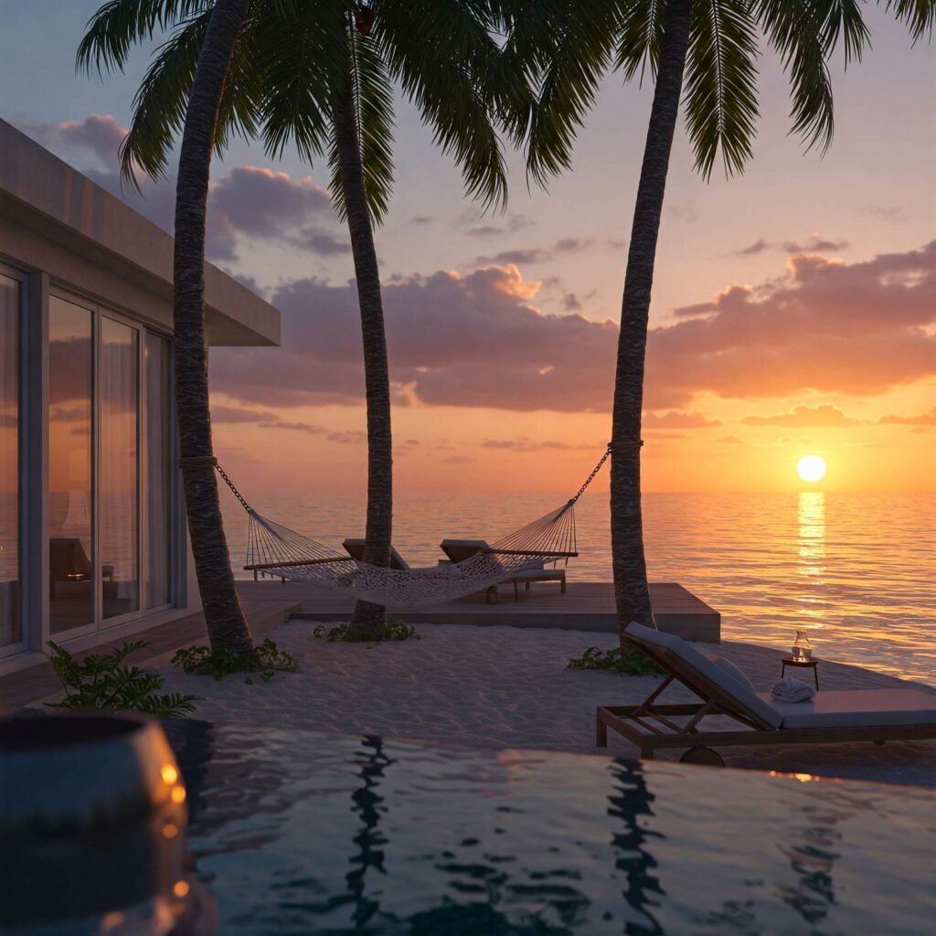 Beachfront villa at sunset with hammock.