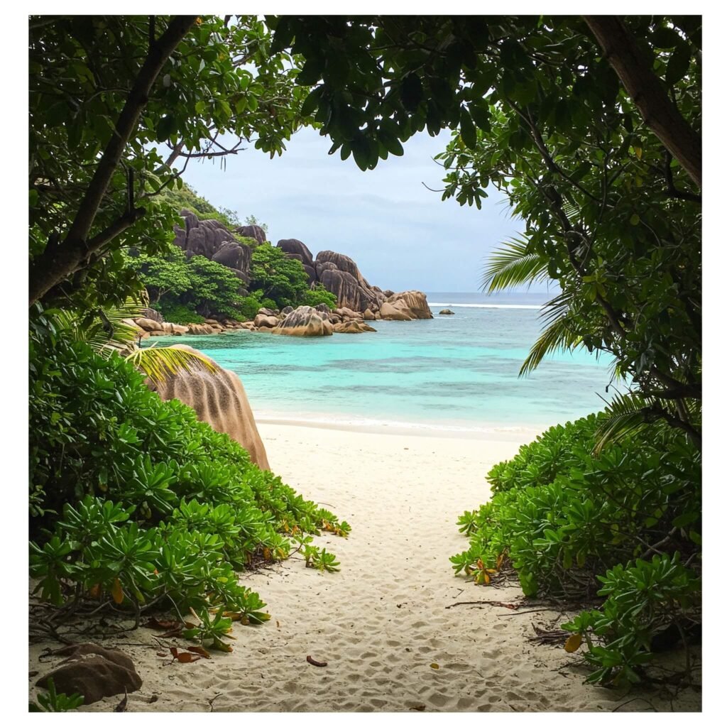 Seychelles beach: white sand, granite, turquoise lagoon.