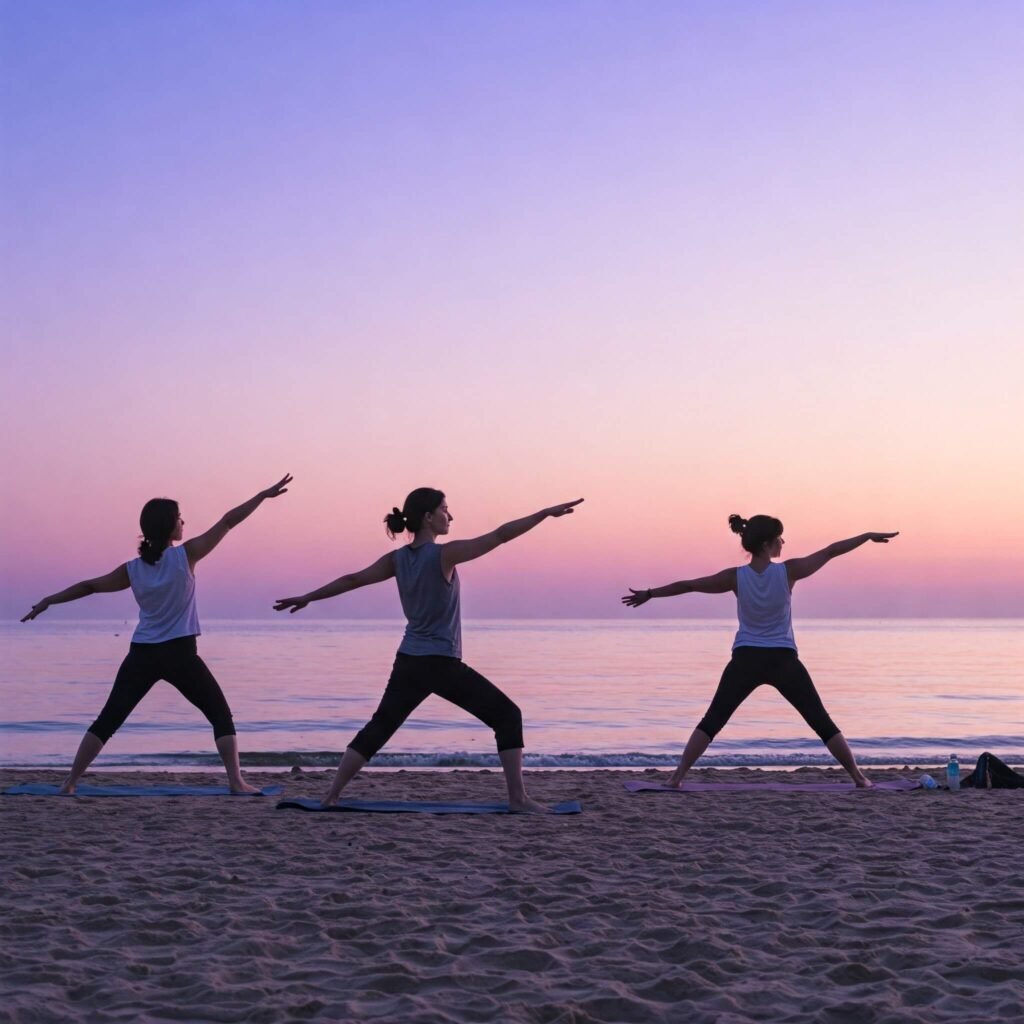 Sunrise yoga on a serene beach.