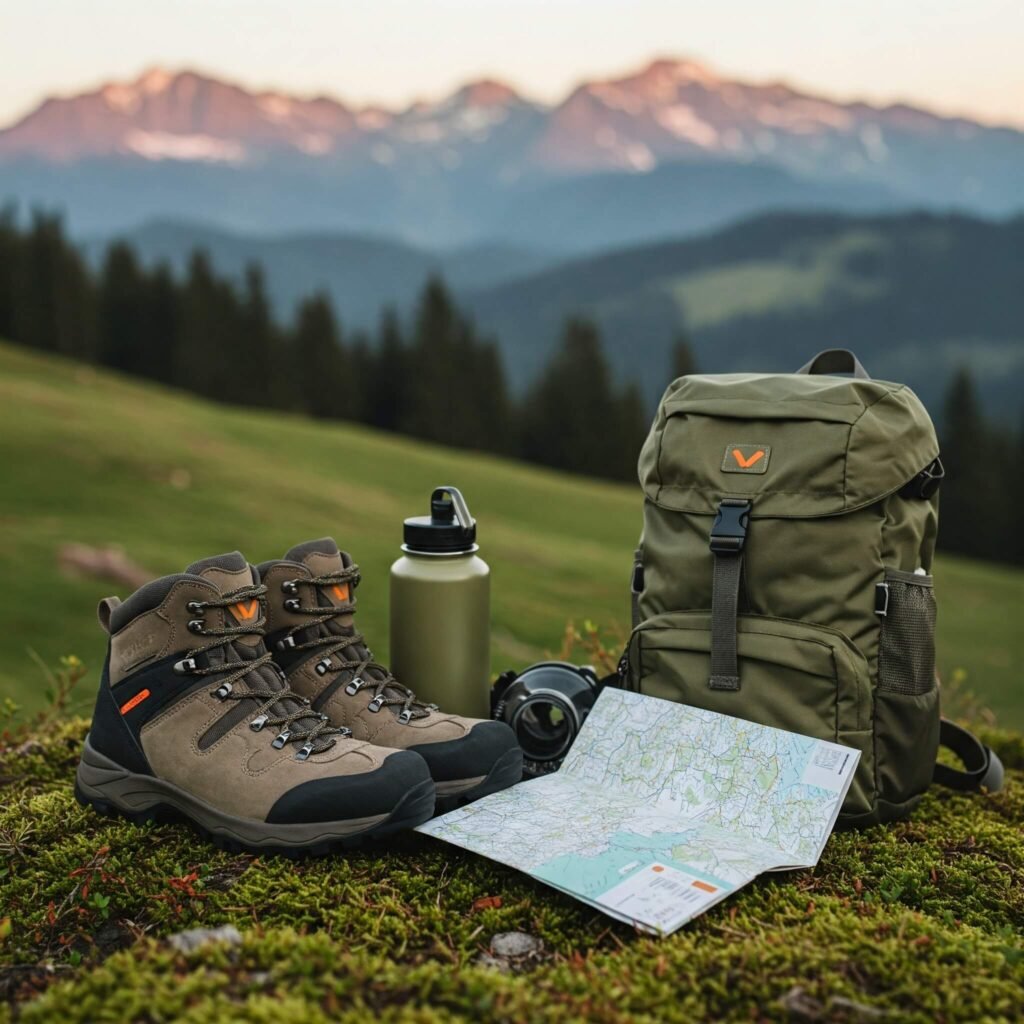 Beginner hiking gear display on forest floor.