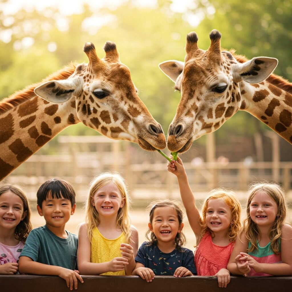 Kids feeding giraffes at the zoo.