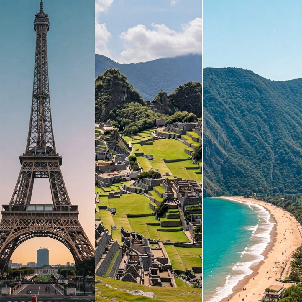 Global destinations collage: Eiffel Tower, Machu Picchu, Thai beach