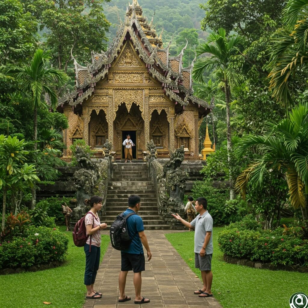 Traveler attire at temple entrance