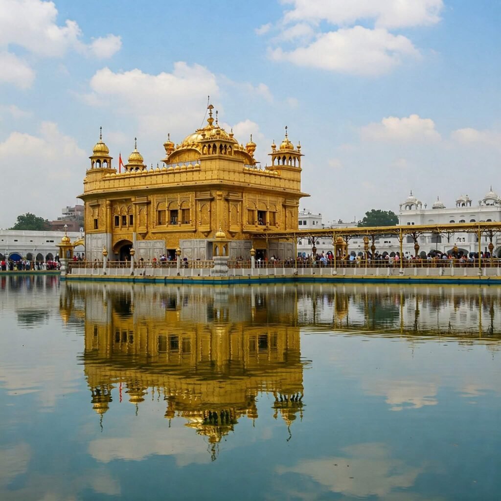 Golden Temple reflection in serene pond.