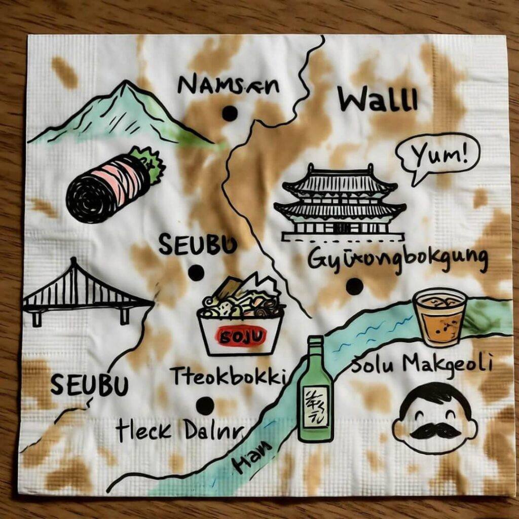 seoul-napkin-doodle-2025.jpg: Coffee-stained napkin, sloppy Seoul food doodles.