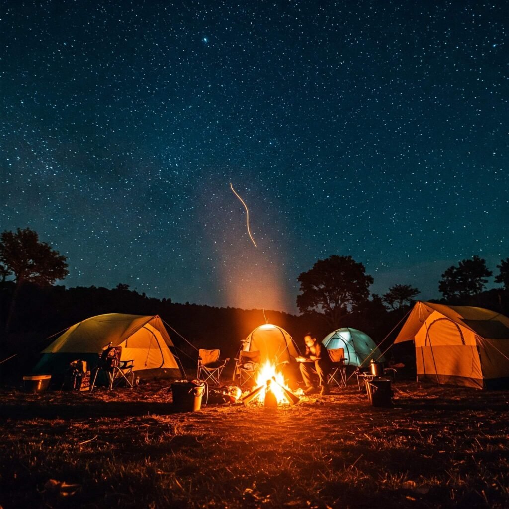Campfire under a starry sky.