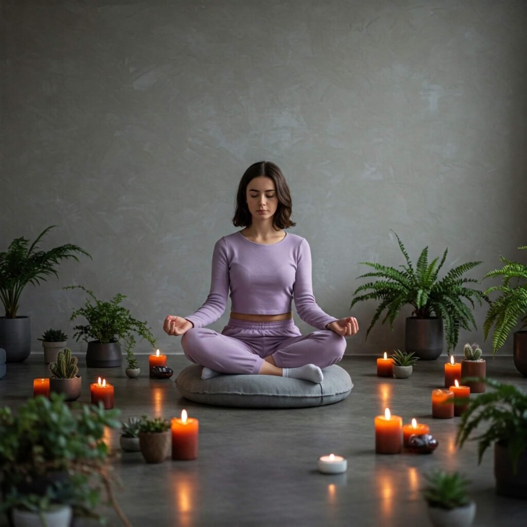 Person meditating with candles and plants.