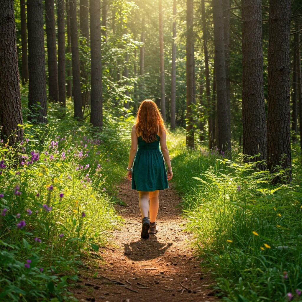 Forest walk with dappled sunlight.