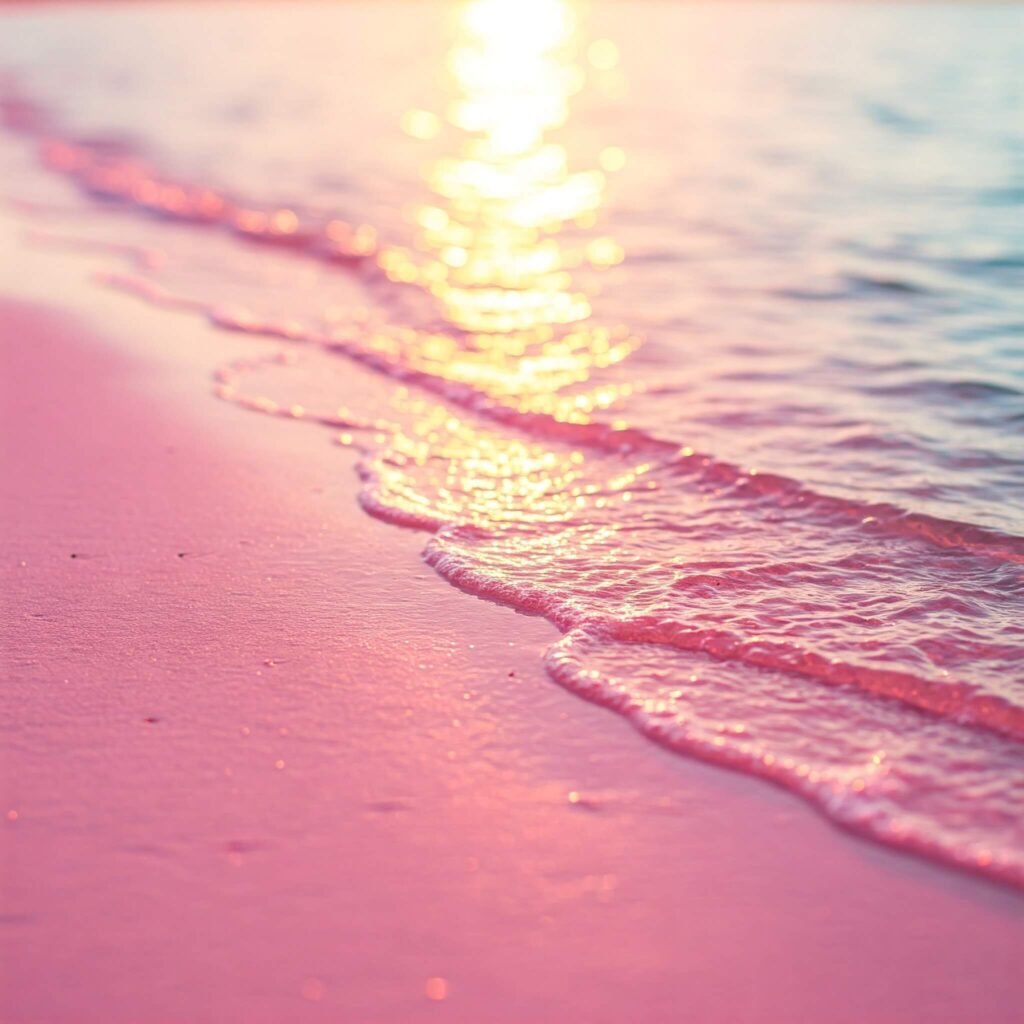 Close-up of pink sand and calm turquoise water.