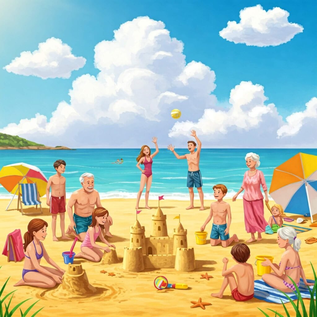 Multi-generational family fun on a vibrant beach.