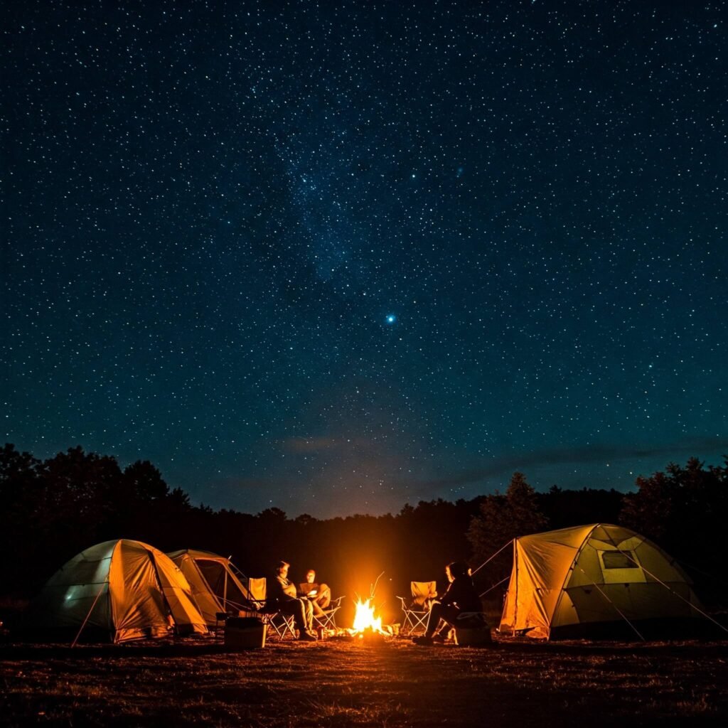 Starry night campfire camping tents