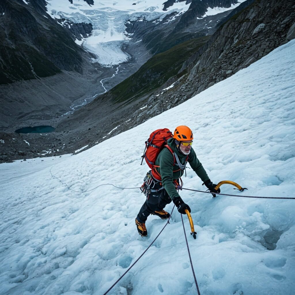 Expert ice climber on steep glacier.