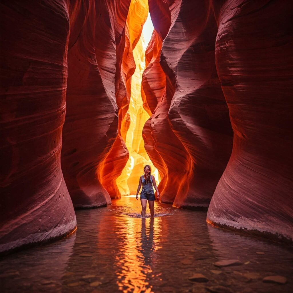 Hiker wading through red rock slot canyon