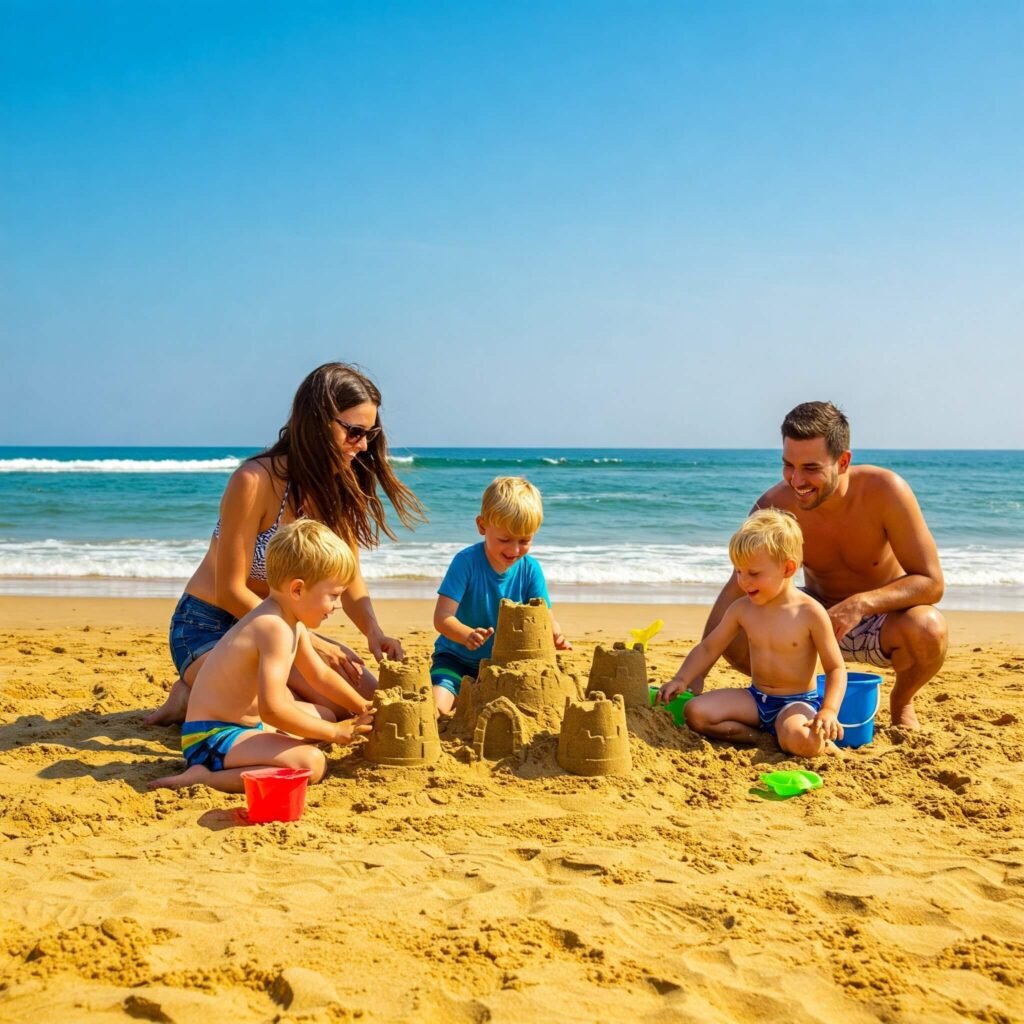 Family building sandcastles on beach