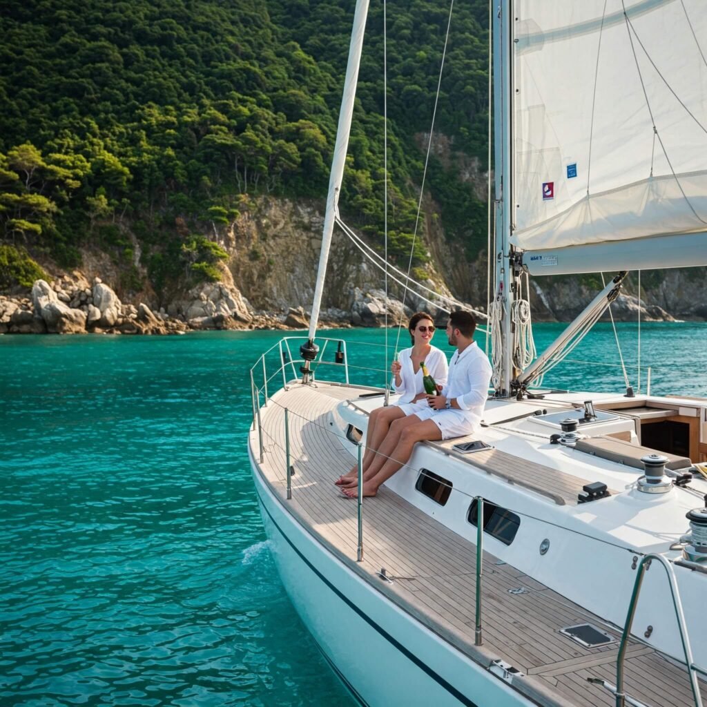 Yacht sailing turquoise waters.