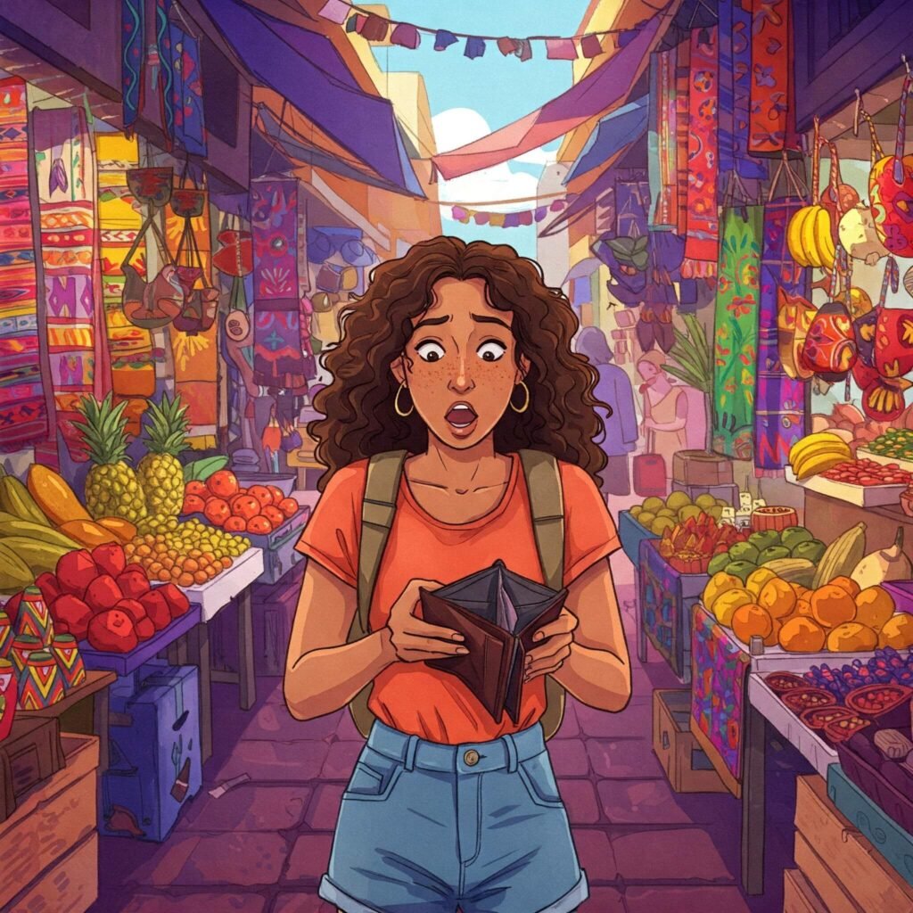 Shocked traveler with empty wallet.