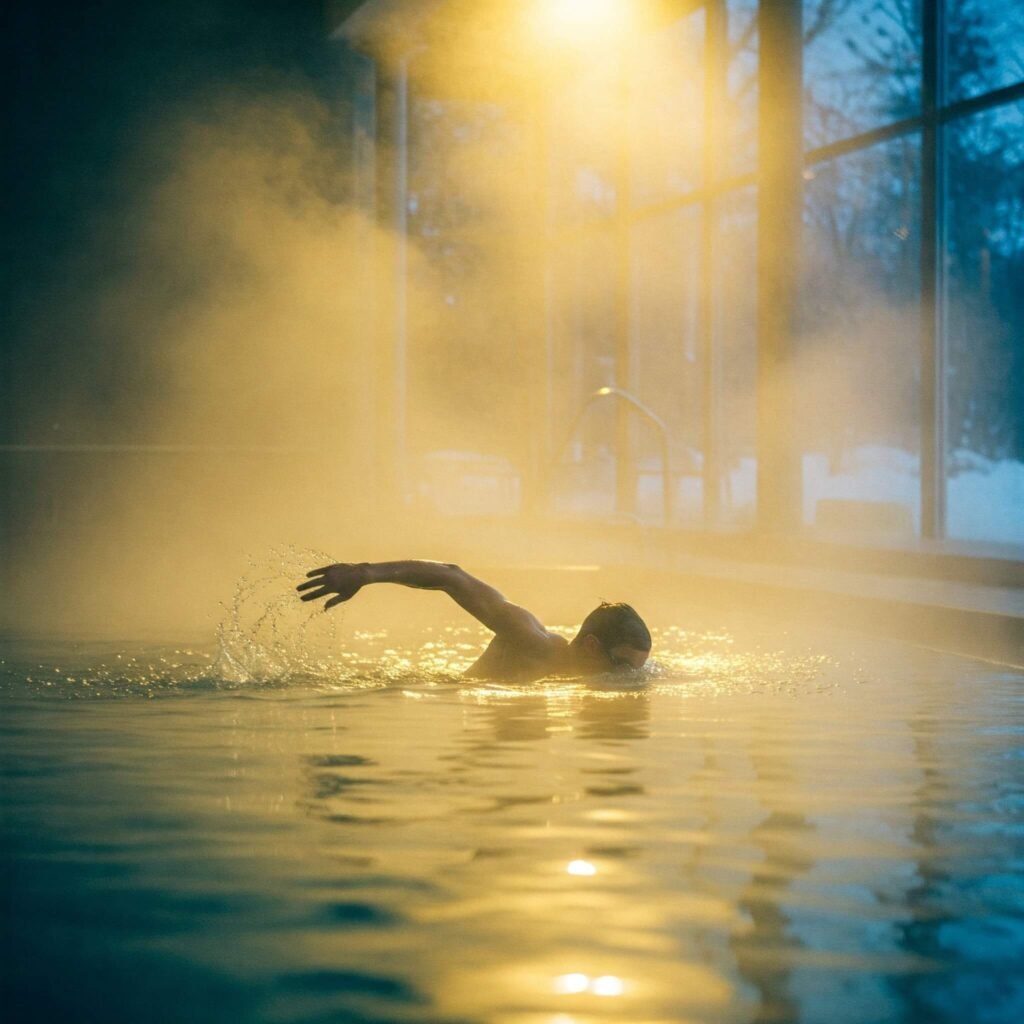 Swimmer in warm, indoor pool.