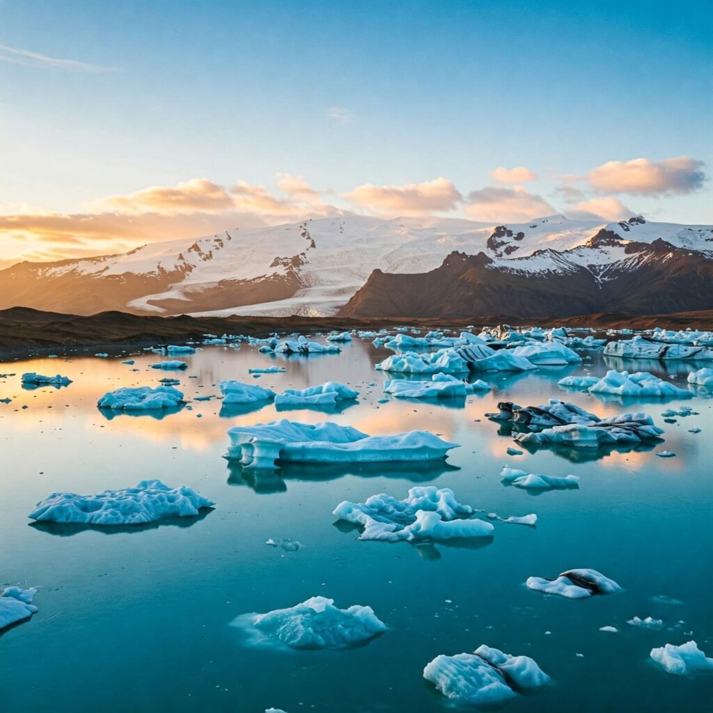 Iceberg Lake with icebergs and mountain peaks.