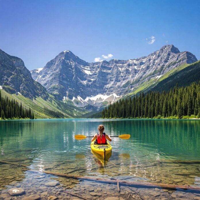 Kayaking on crystal lake, snow mountains. Kayaking on crystal lake, snow mountains.