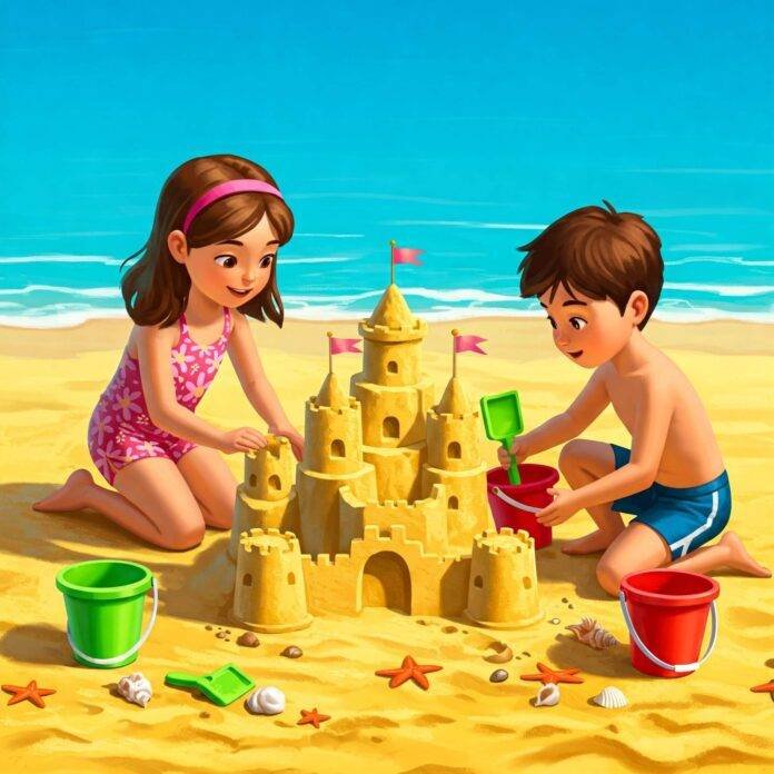 Kids building sandcastle on sunny beach. Kids building sandcastle on sunny beach.