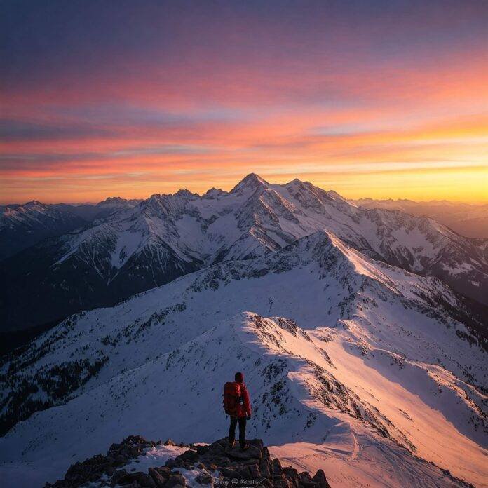 Sunrise mountain panorama with hiker.