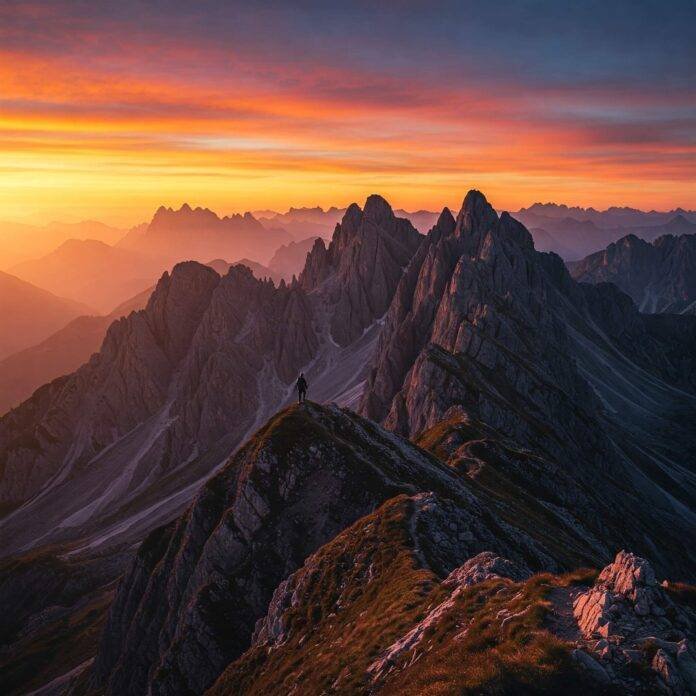 Sunrise climber triumph over mountains.