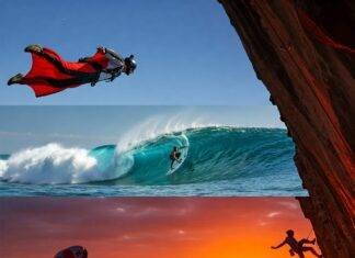 The Most Dangerous Extreme Sports You Can’t Miss in 2025 Extreme Sports Collage: Wingsuit, Surf, Climb