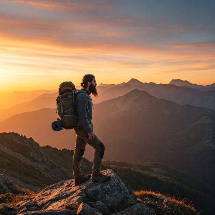 Backpacker at sunrise mountain vista Backpacker at sunrise mountain vista