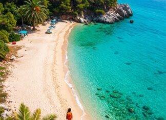 10 Secret Destinations for the Ultimate Budget Travel Experience Turquoise Albanian beach with backpacker.